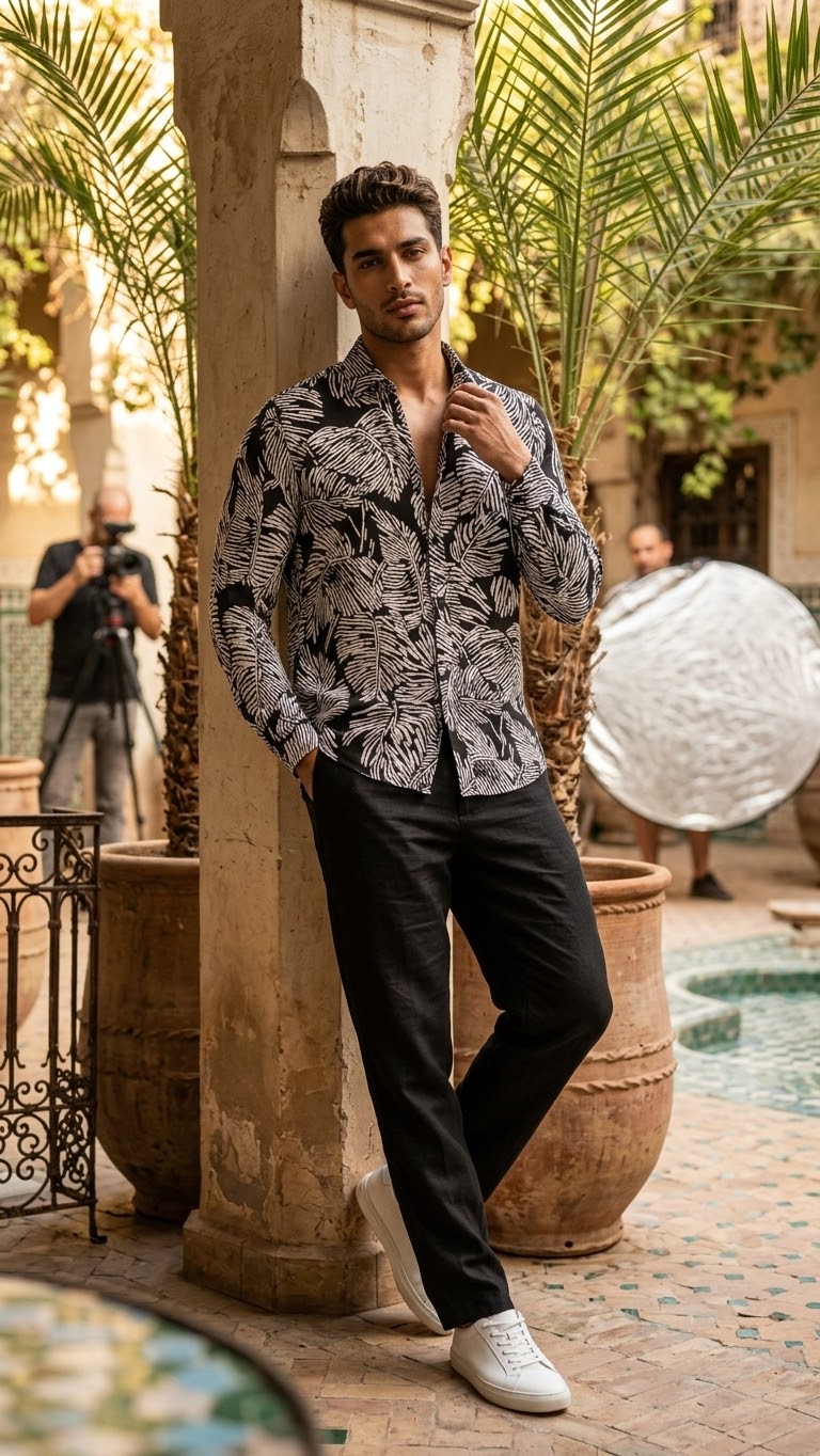 Monochrome Tropical Leaf Shirt