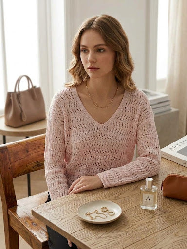 Women's Wide V-Neck Pullover Sweater (PINK)