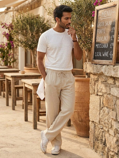 Linne Pant Relaxed Fit -Draw Cord Elastic Waist  - Back Pocket - Front Slant Pockets - Baige
