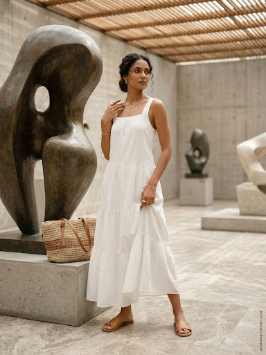 sleeveless tiered cotton poplin maxi dress
