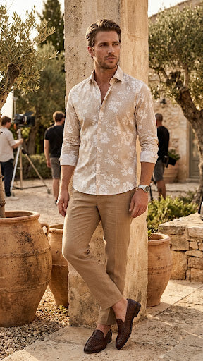beige floral print long-sleeve casual shirt