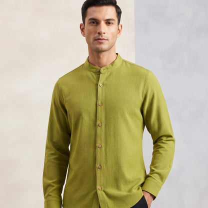 Chinese Collar Linen Long-Sleeve Shirt Lime Olive