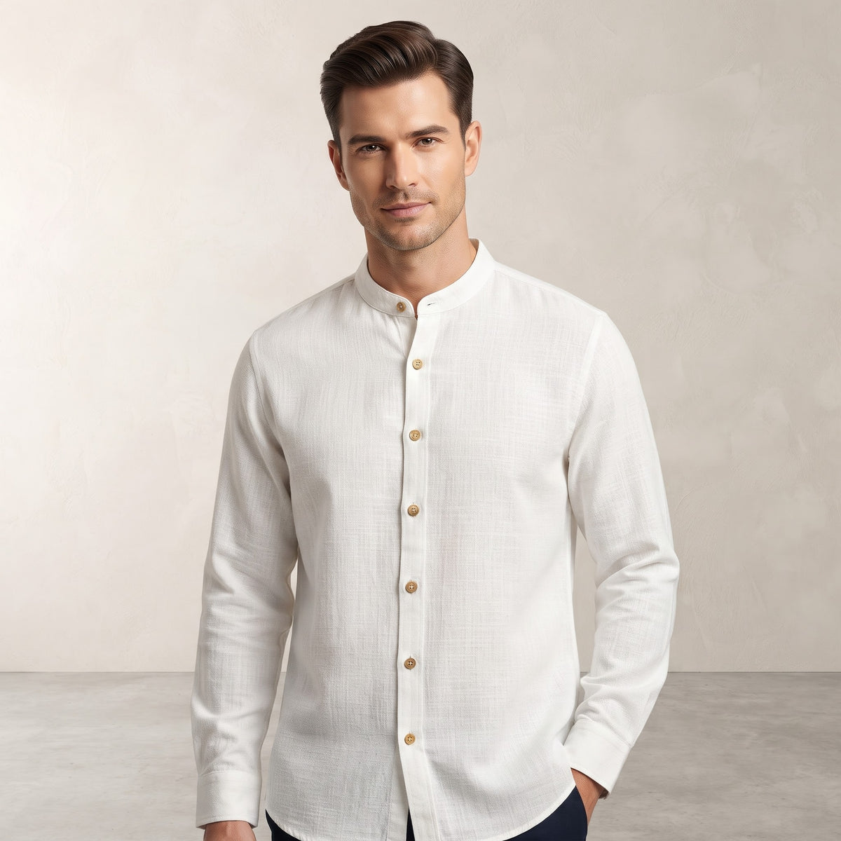 Chinese Collar Linen Long-Sleeve Shirt Stripe white
