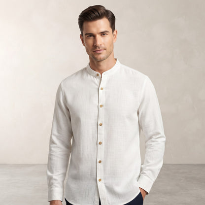 Chinese Collar Linen Long-Sleeve Shirt Stripe white