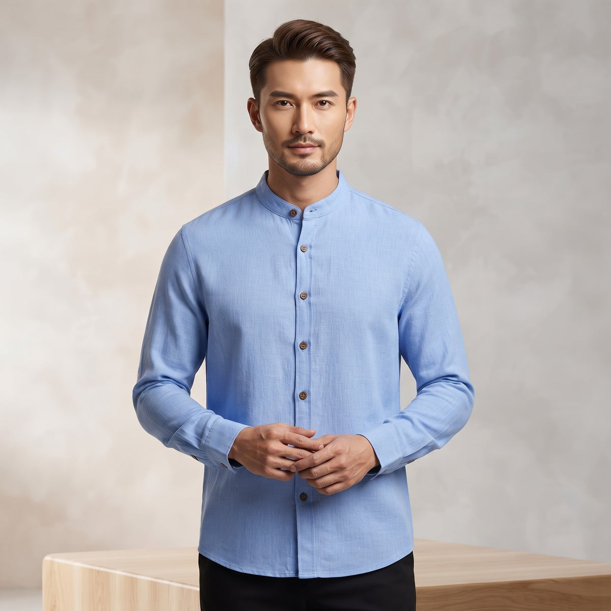 Chinese Collar Linen Long-Sleeve Shirt Powder Blue