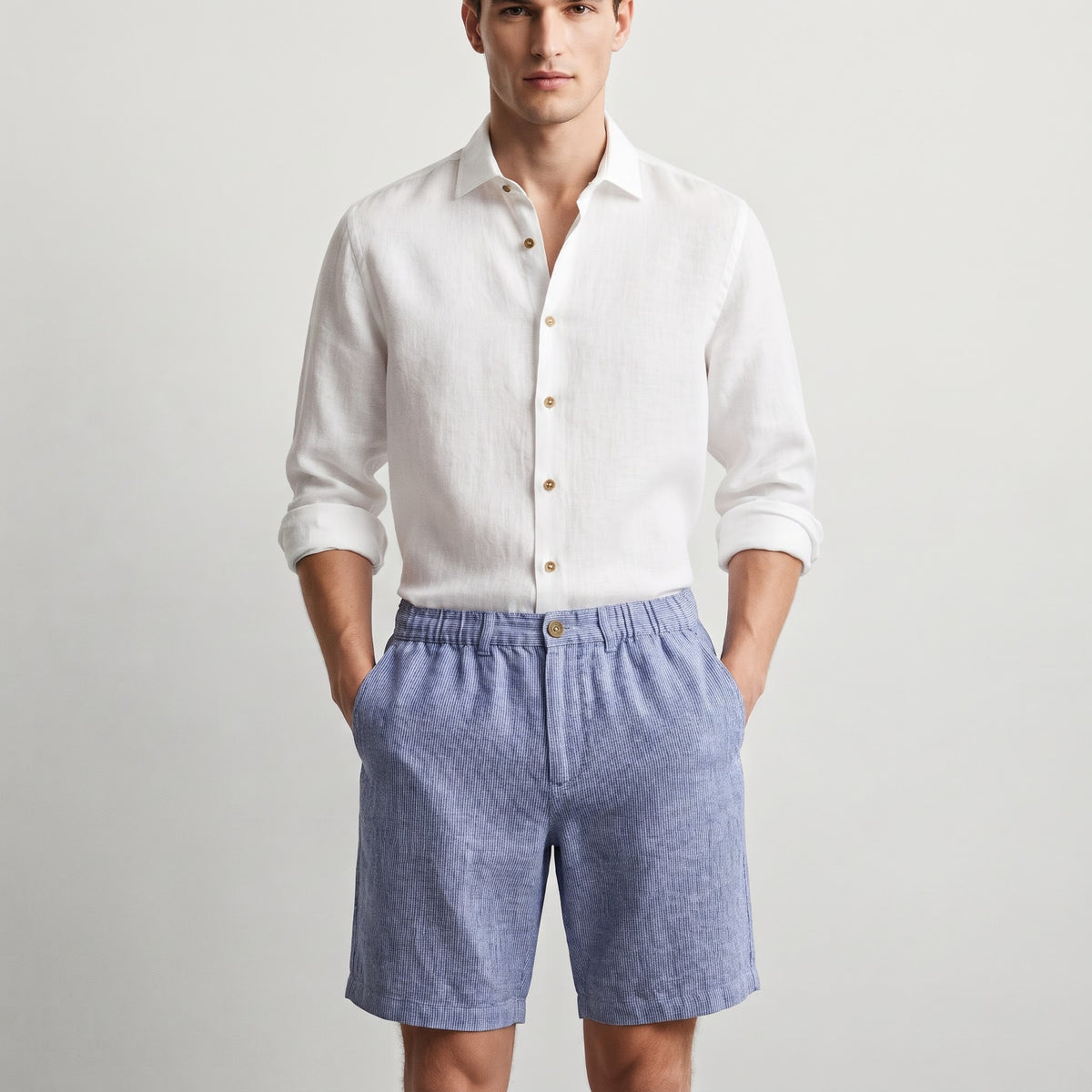 Harlem Drawstring Linen Blend Shorts French Blue Stripe
