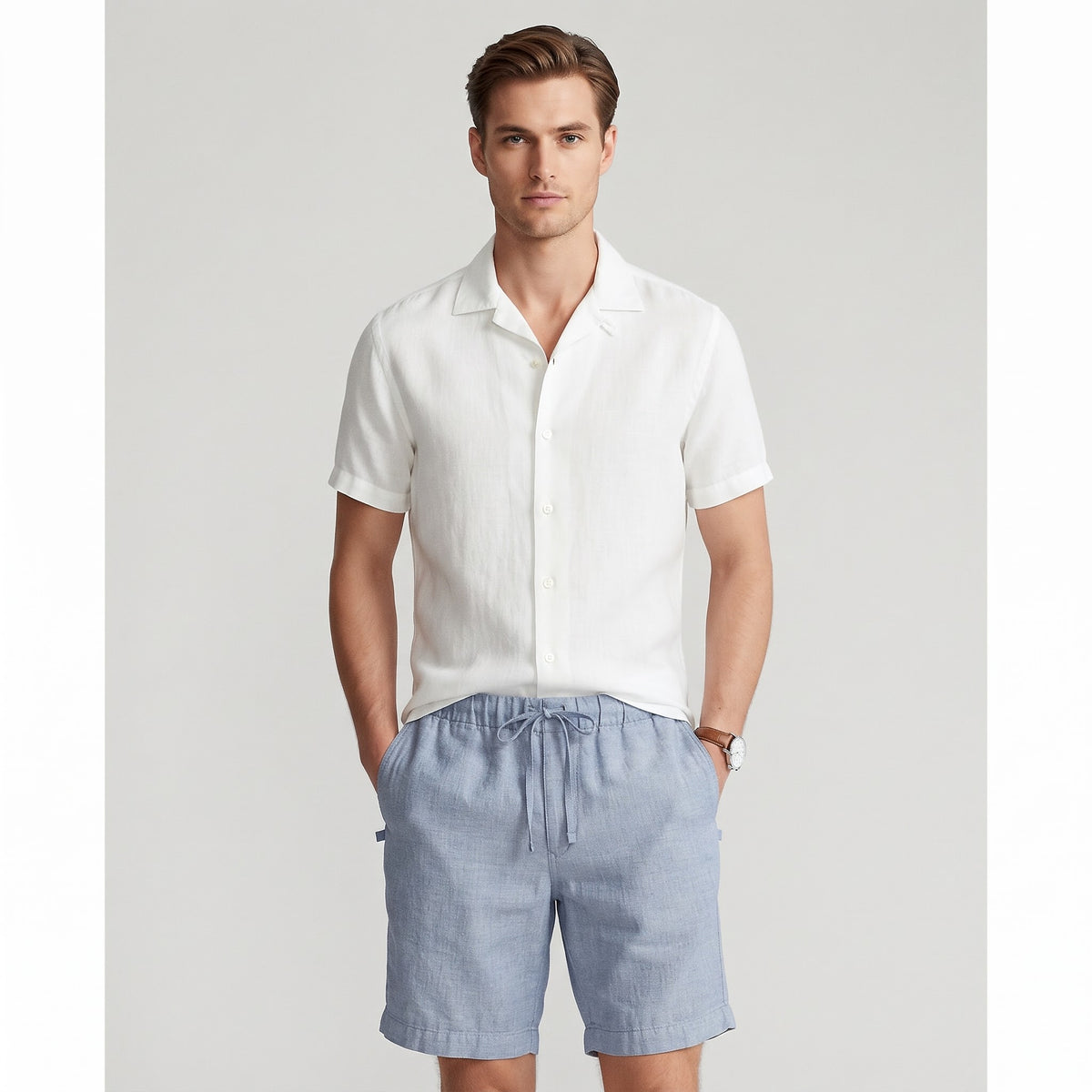 Harlem Drawstring Linen Blend Shorts Powder Blue