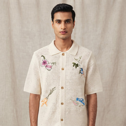 short-sleeve crochet-knit resort shirt Olive baige