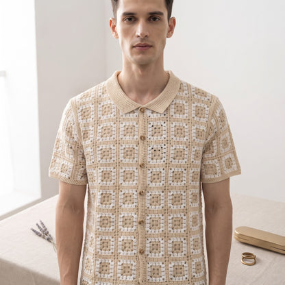Geometric Patchwork Crochet Knit Resort Shirt