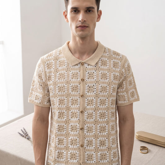 Geometric Patchwork Crochet Knit Resort Shirt