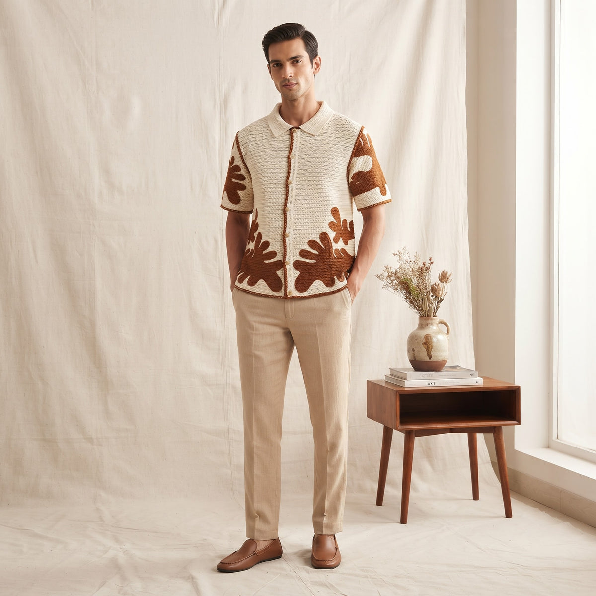 short-sleeve crochet-knit resort shirt Brown & Baige