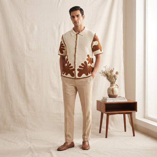 short-sleeve crochet-knit resort shirt Brown & Baige