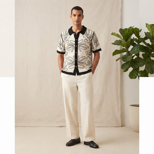 short-sleeve crochet-knit resort shirt  Black & Baige Floral