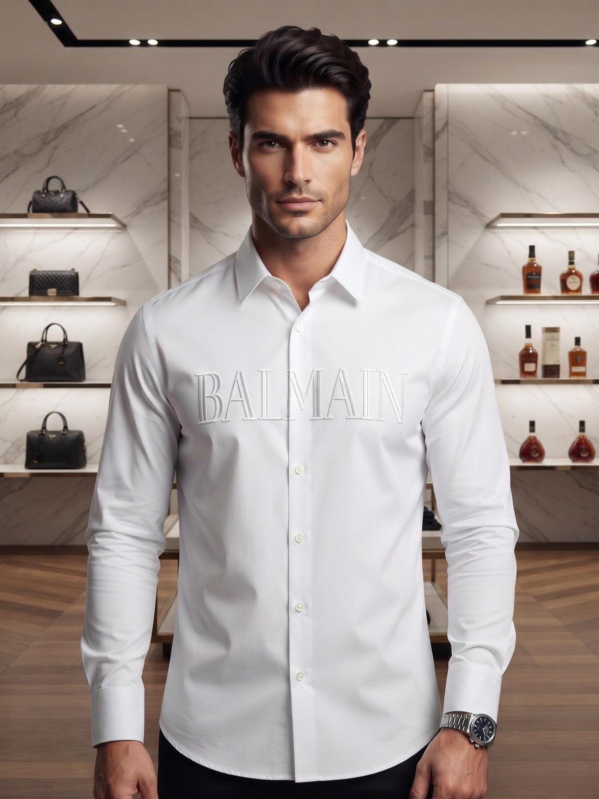 Balmain Long-Sleeve Point Collar Button-Up Shirt White