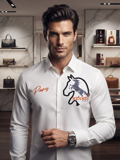 Hermes Paris Long-Sleeve Point Collar Button-Up Shirt White