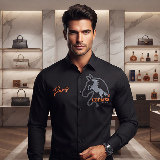 Hermes Paris Long-Sleeve Point Collar Button-Up Shirt Black