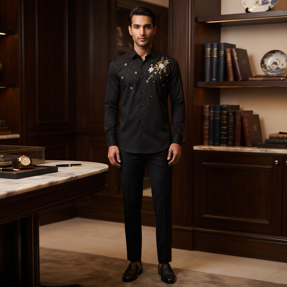 MIU MIU Long-Sleeve Point Collar Button-Up Shirt Black
