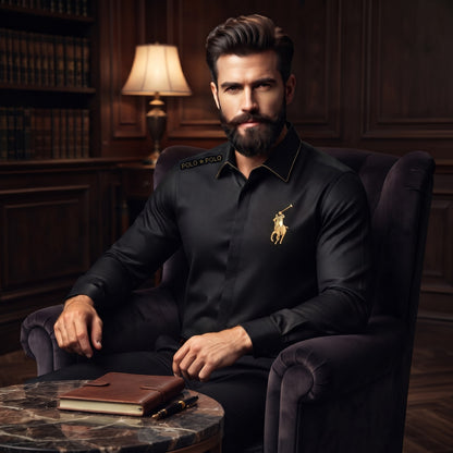 POLO Long-Sleeve Point Collar Button-Up Shirt Black