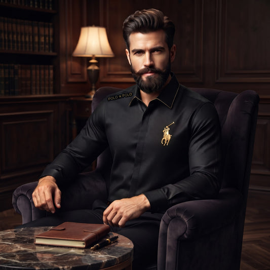 POLO Long-Sleeve Point Collar Button-Up Shirt Black
