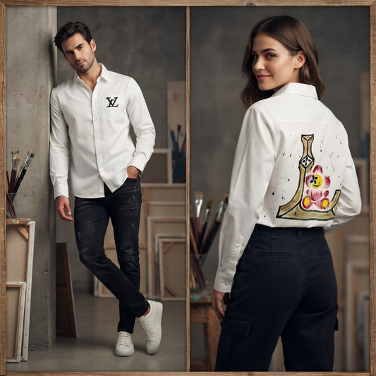 LV Artisanal Hand Painted Long Sleeve Shirt White (Unisex)
