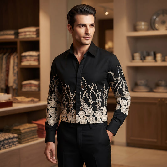 Botanical Embroidered Long-Sleeve Shirt BLACK