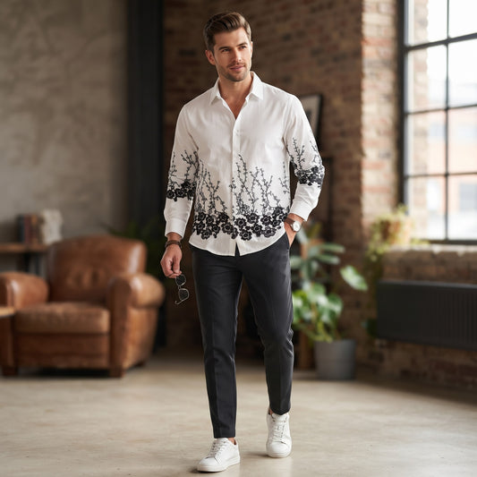 Botanical Embroidered Long-Sleeve Shirt WHITE