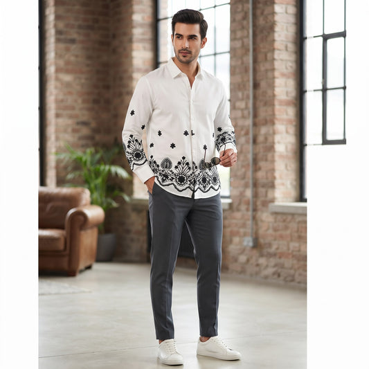Long-Sleeve Resort Shirt with Hem & Cuffs Embroidery WHITE