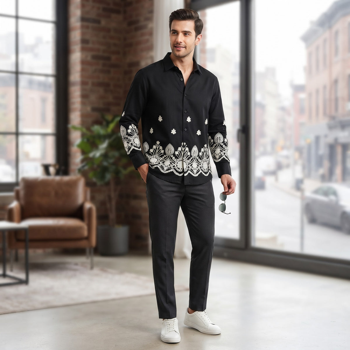 Long-Sleeve Resort Shirt with Hem & Cuffs Embroidery BLACK