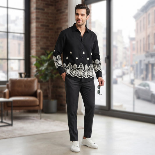 Long-Sleeve Resort Shirt with Hem & Cuffs Embroidery BLACK
