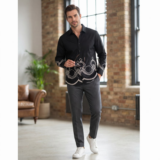 Scrollwork Embroidered Long-Sleeve Shirt BLACK