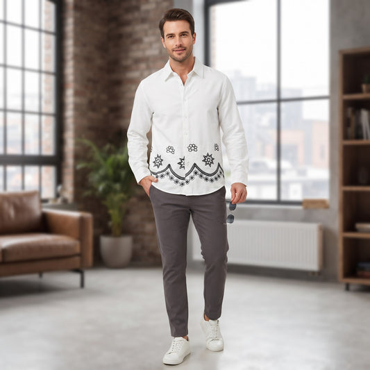 Scrollwork Embroidered Long-Sleeve Shirt WHITE