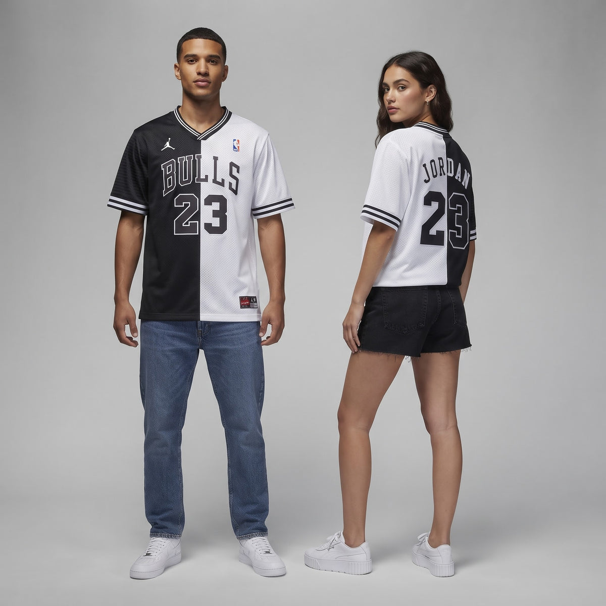 BULLS 23 V Neck T Shirt Black & White