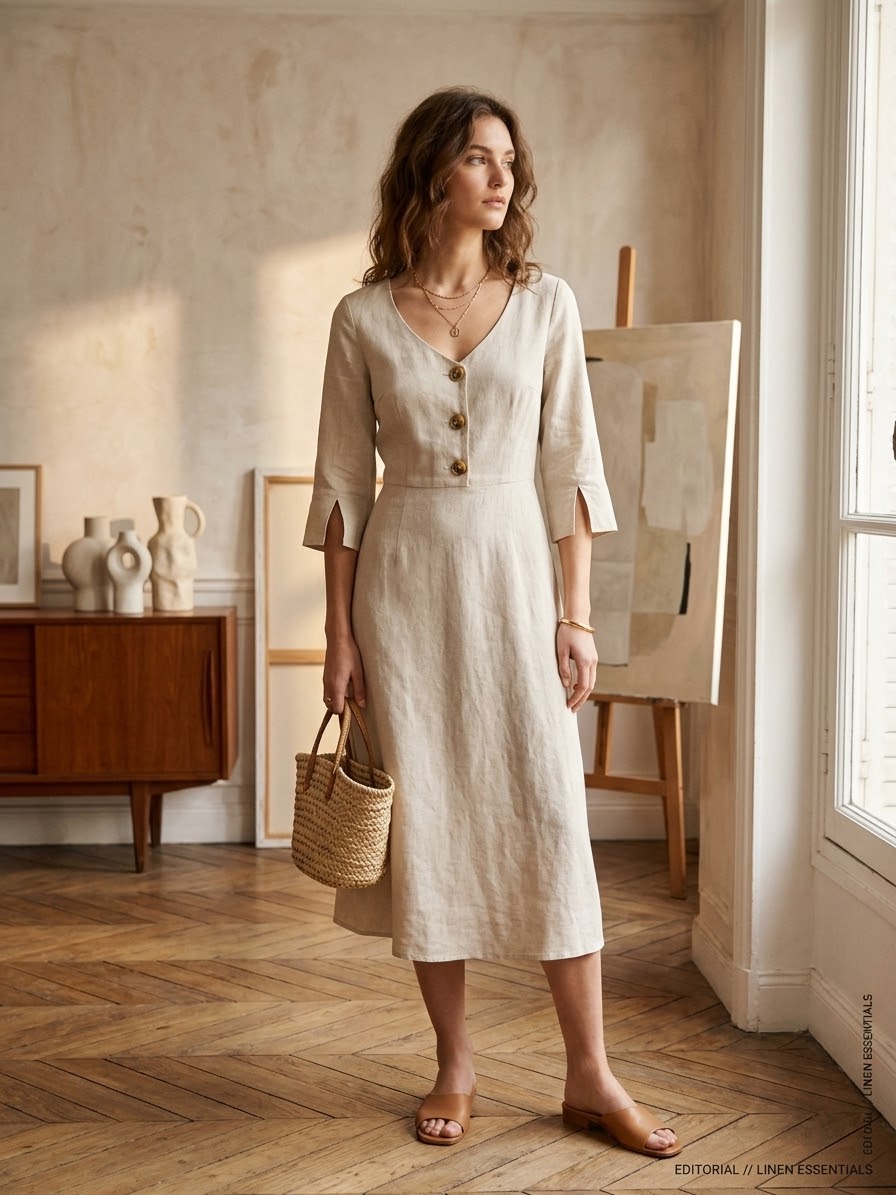 natural beige or oatmeal linen midi dress - V-neckline