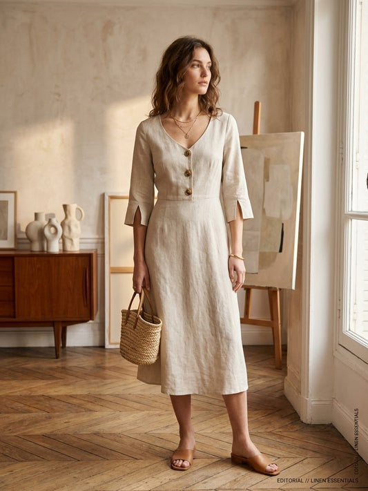 natural beige or oatmeal linen midi dress - V-neckline