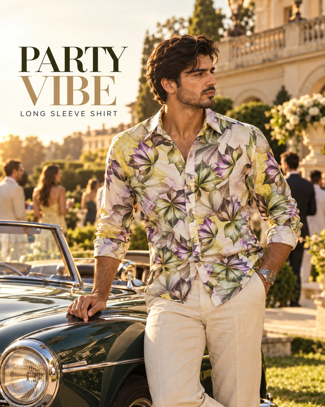 long-sleeve button-up casual shirt featuring an all-over abstract botanical leaf and floral print