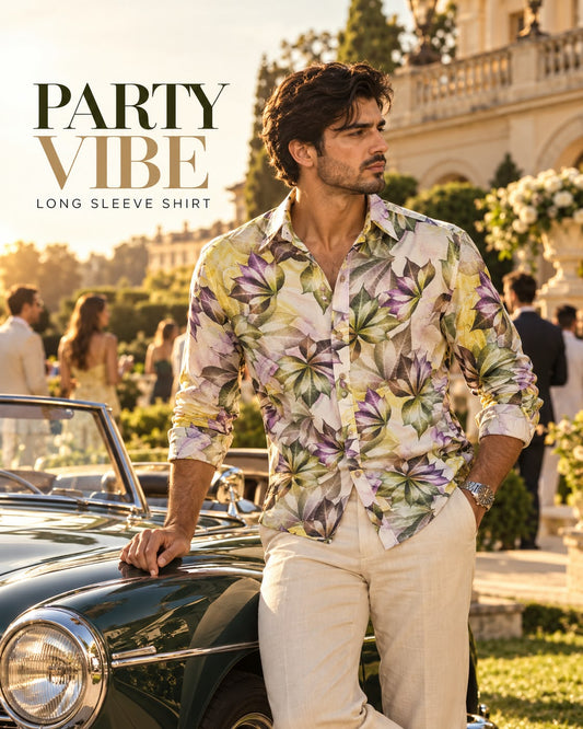 long-sleeve button-up casual shirt featuring an all-over abstract botanical leaf and floral print