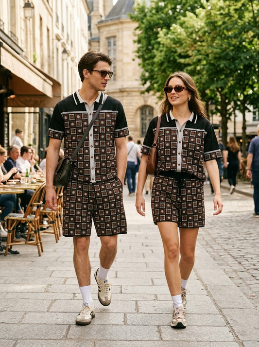 Vintage Geometric Knit Polo &amp; Shorts Co-Ord Set