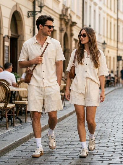 Textured Fringe Raw-Edge Shirt &amp; Shorts Co-Ord Set
