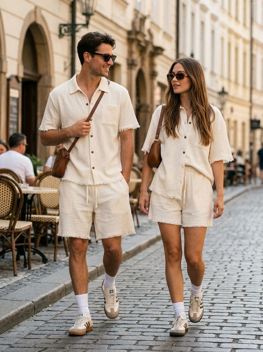 Textured Fringe Raw-Edge Shirt &amp; Shorts Co-Ord Set