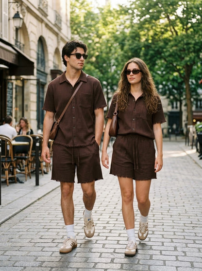 Brown Textured Fringe Raw-Edge Shirt &amp; Shorts Co-Ord Set