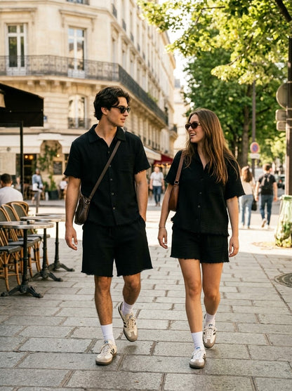 Black Textured Fringe Raw-Edge Shirt &amp; Shorts Co-Ord Set