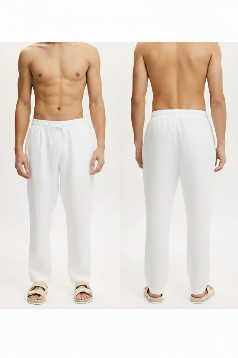 Linne Pant Relaxed Fit -Draw Cord Elastic Waist  - Back Pocket - Front Slant Pockets- White