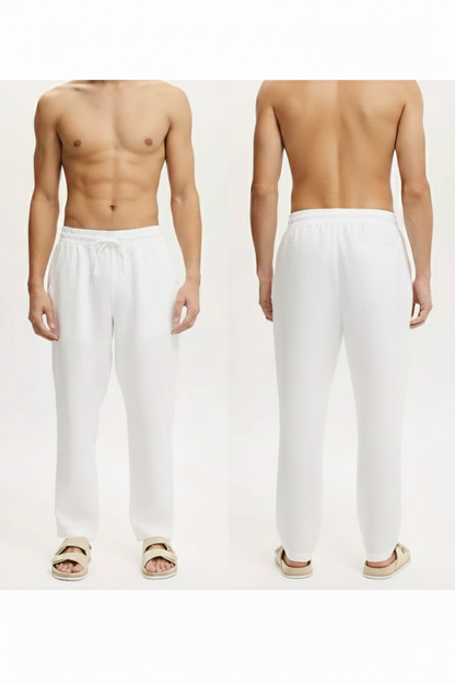 Linne Pant Relaxed Fit -Draw Cord Elastic Waist  - Back Pocket - Front Slant Pockets- White