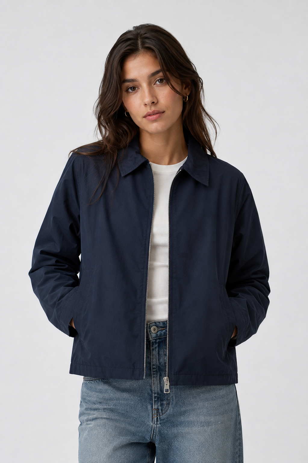 Pull & Bear Jacket- crop fit full zipper unisex korean fit with inner lining. Navy blue
