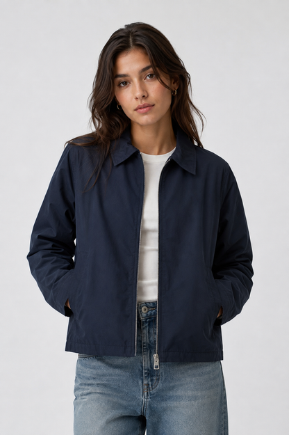 Pull & Bear Jacket- crop fit full zipper unisex korean fit with inner lining. Navy blue