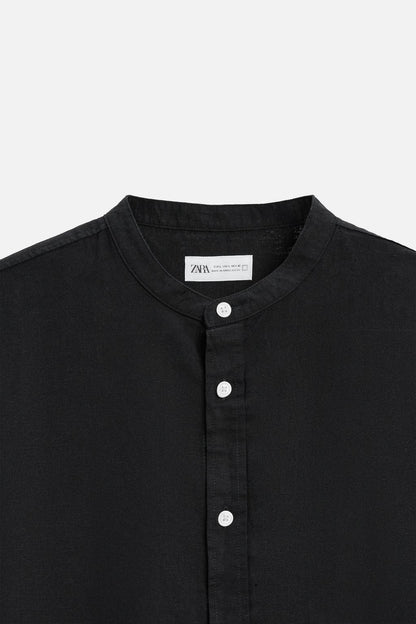 Linnen Chinese Collar Shirt - Black