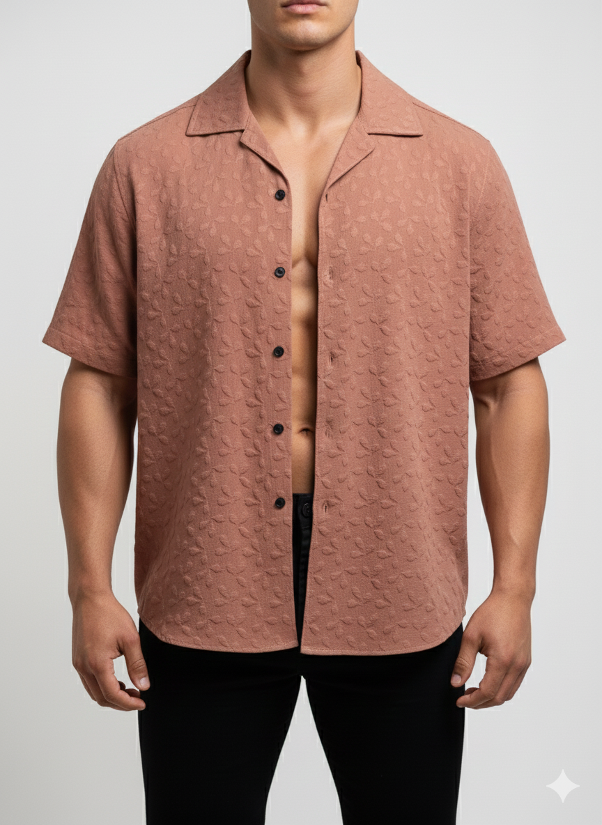 Cuban Collar Shirt Textured Flower Leaf Shirt-Dusty Rose