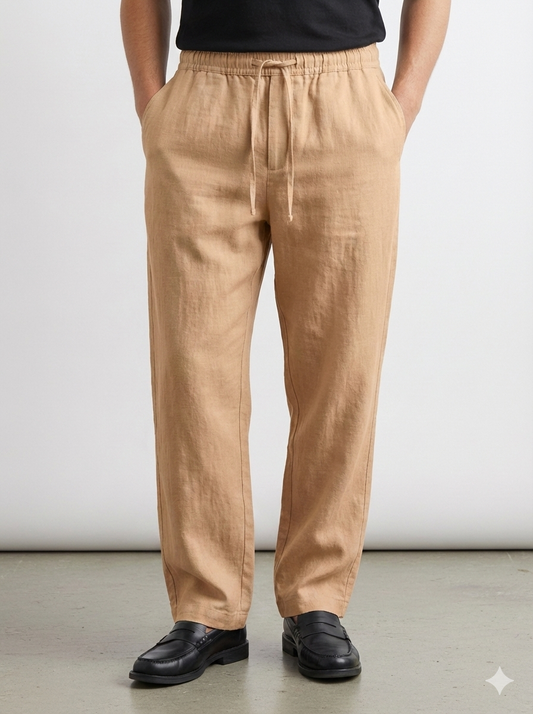 Linne Pant Relaxed Fit -Draw Cord Elastic Waist  - Back Pocket - Front Slant Pockets - Beige