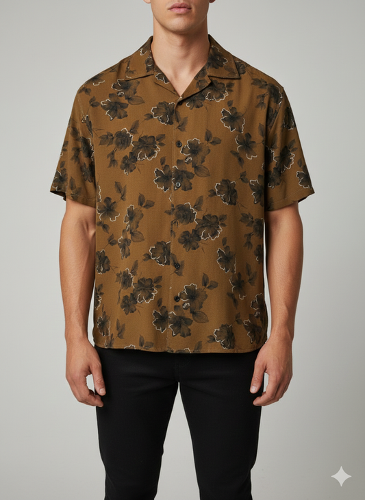 Cuban Collar Shirt Textured Flower Printed- Brown