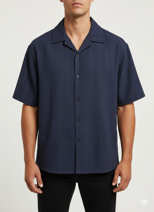 Cuban Collar Shirt Textured Vert Line - Navy Blue